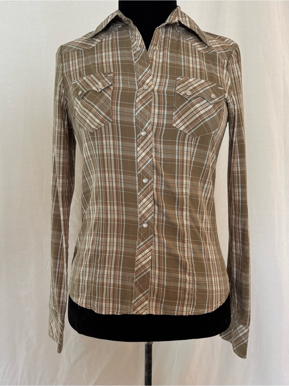 Bluenotes Pearl Snap Plaid Western Shirt Small Metallic Thread Y2K Cowgirl